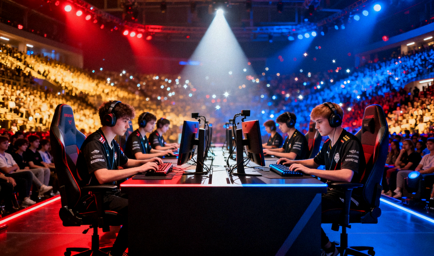 电竞赛事现场，两支战队在舞台中央进行对局，观众席灯光闪烁